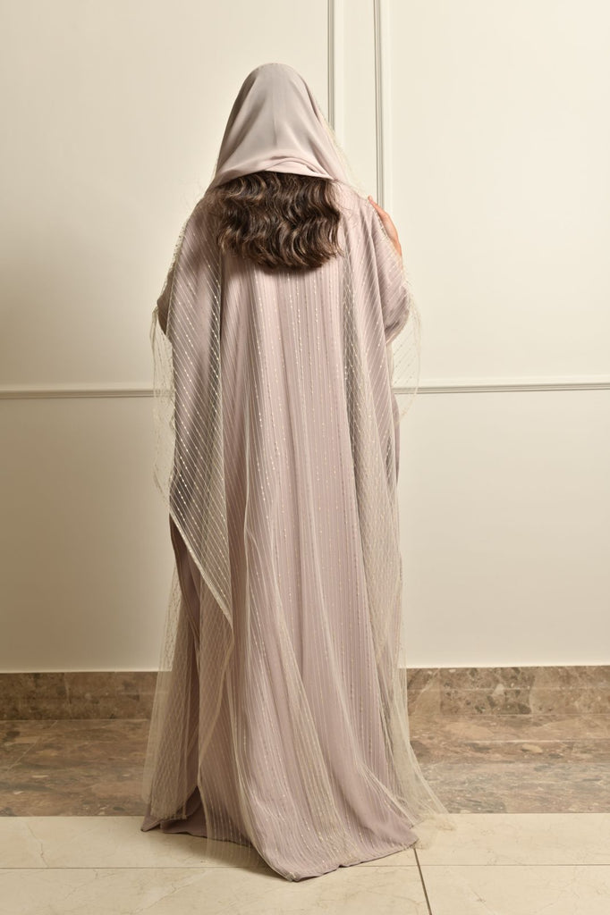 Beige Tulle Embroidered Abaya