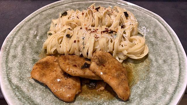 Indulge Thyself // Oregano Brown Butter Chicken Piccata with Cheesy Cream Pasta