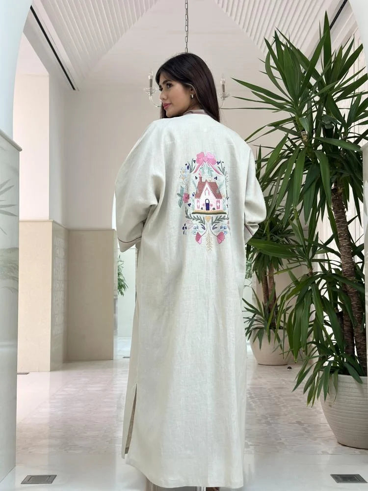 Beige Linen Embroidered Abaya