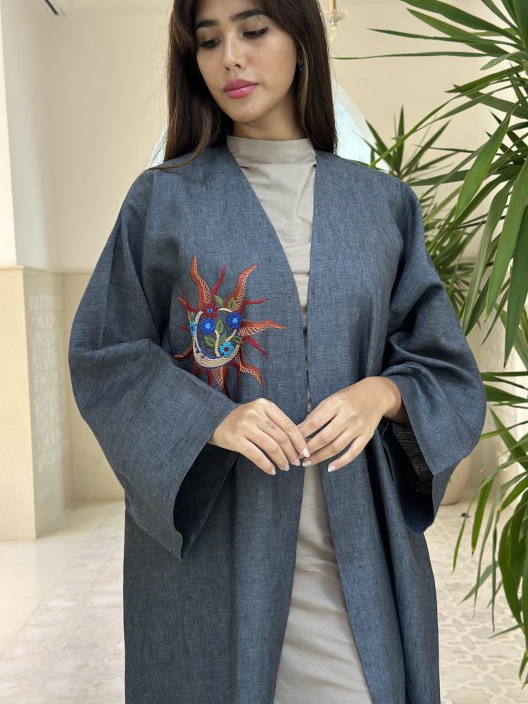 Grey Linen Embroidered Abaya