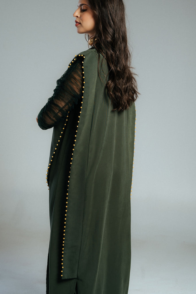 Green Sculpted Sleeve Abaya