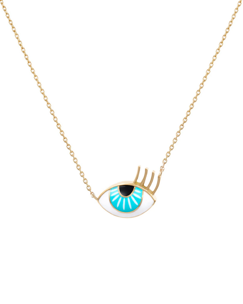 18K Gold Aqua Eye Enamel Small Necklace