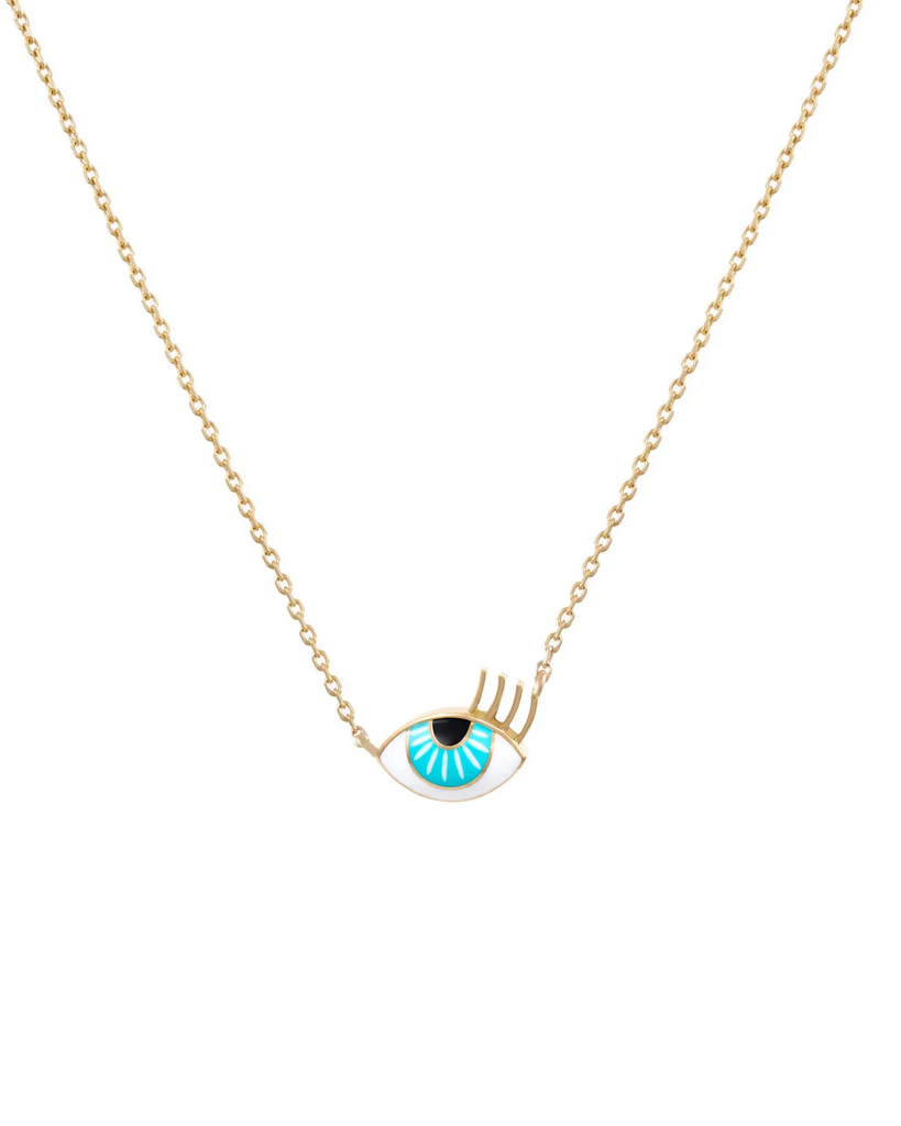 18K Gold Aqua Eye Enamel Mini Necklace