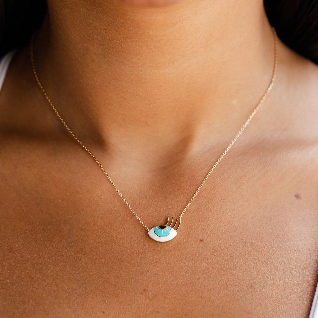18K Gold Aqua Eye Enamel Mini Necklace