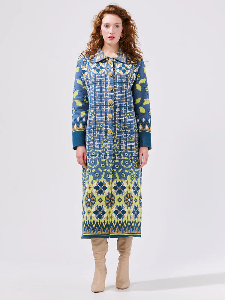 Lattice Blossom Blue Cotton Jacquard Coat