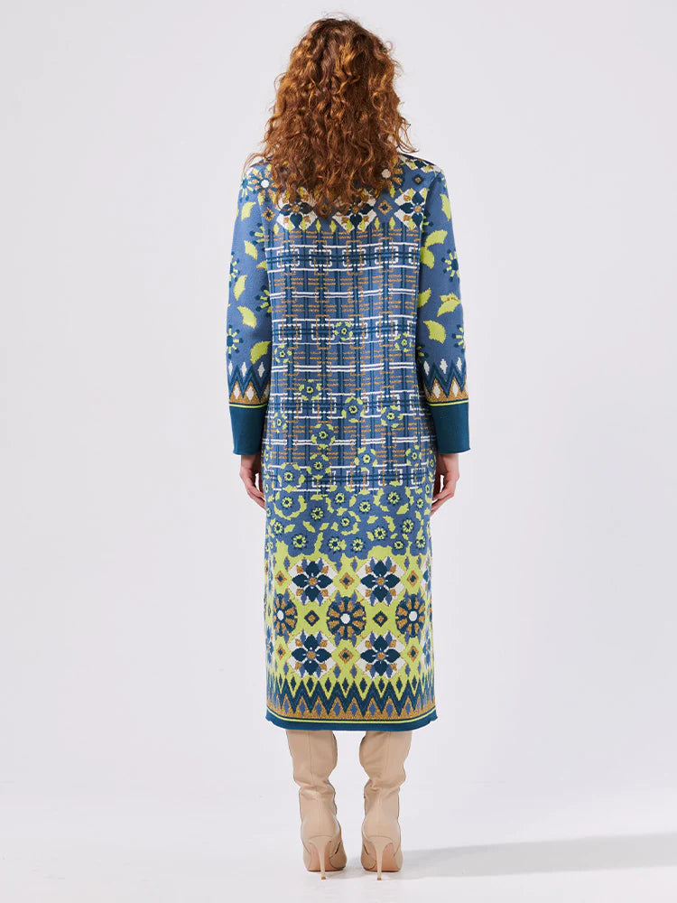 Lattice Blossom Blue Cotton Jacquard Coat