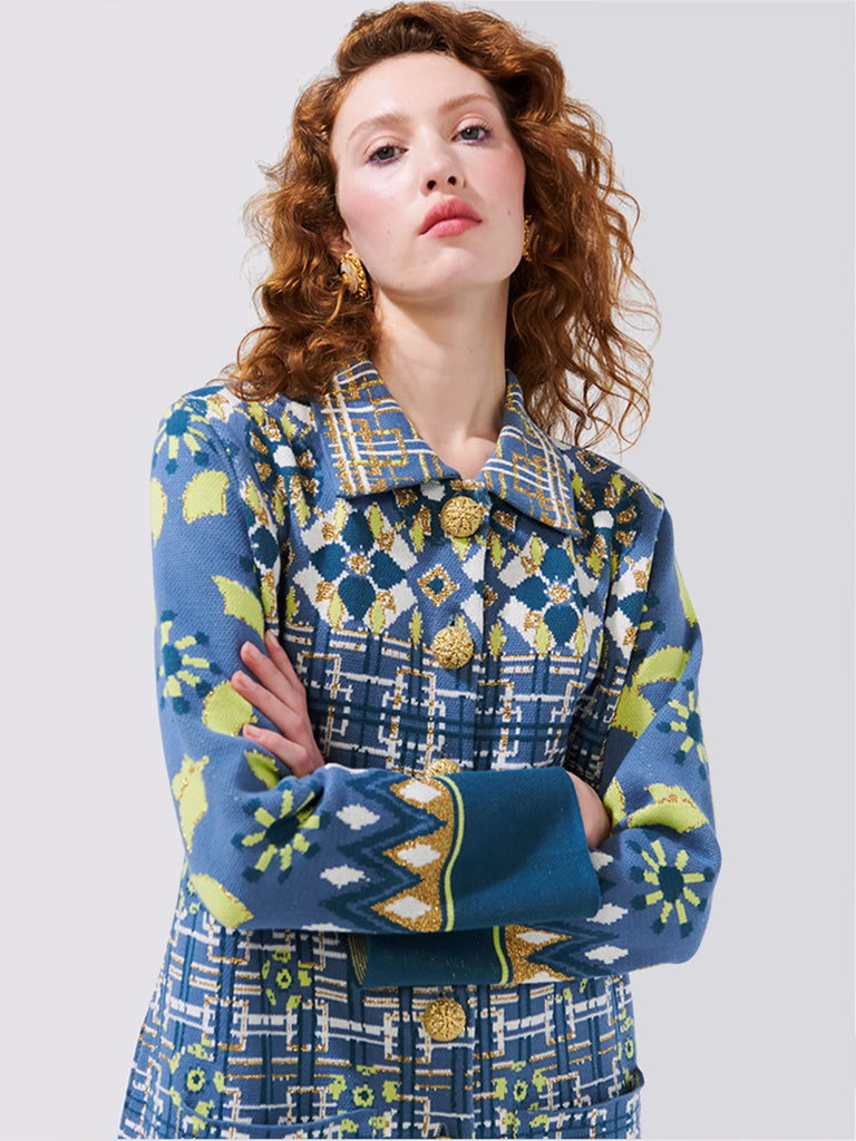 Lattice Blossom Blue Cotton Jacquard Coat