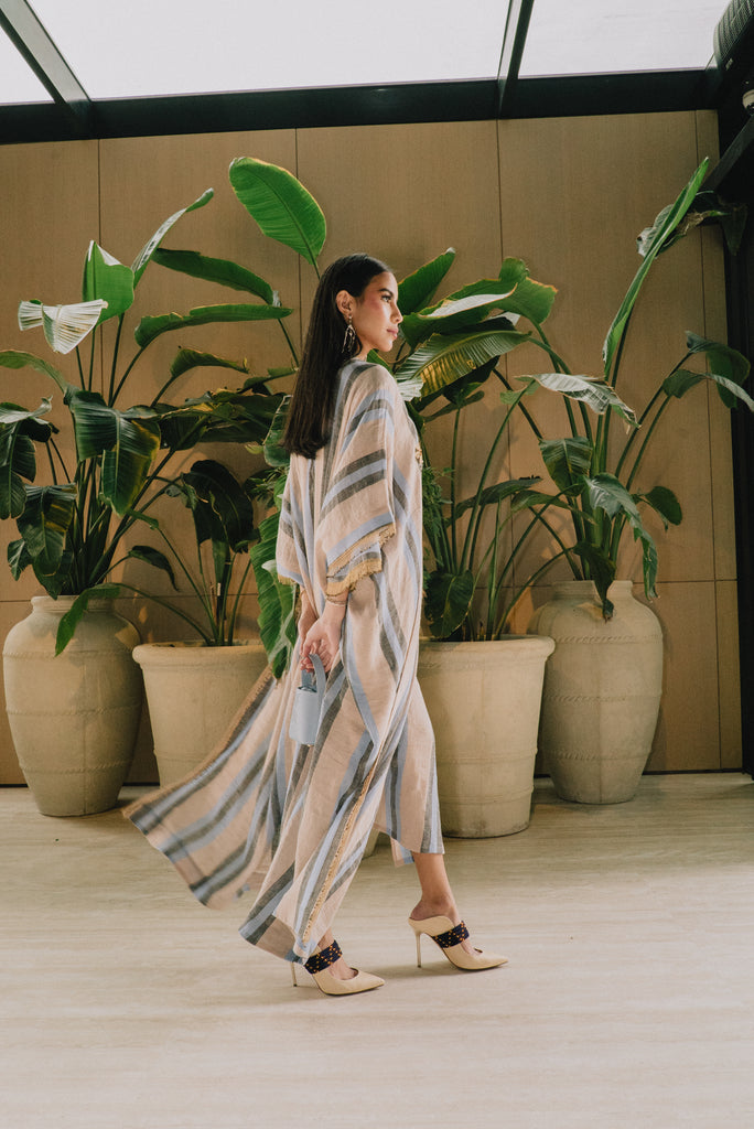 Striped Copper Sirma Midi Bisht Pocket Abaya