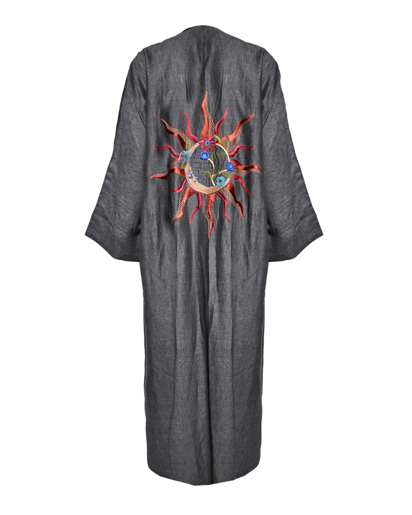 Grey Linen Embroidered Abaya
