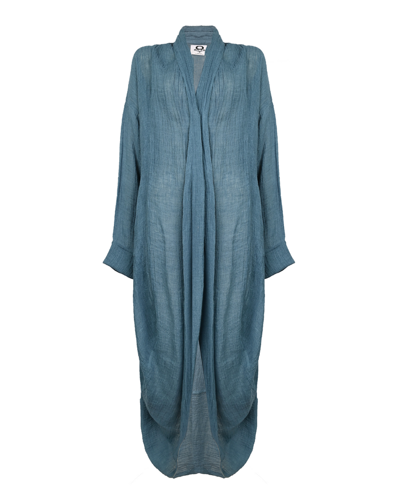 French Blue Wrinkled Linen Abaya