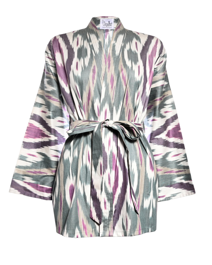 Purple Ikat Print Belted Kimono Set