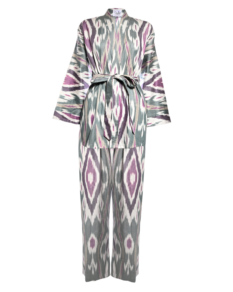 Purple Ikat Print Belted Kimono Set
