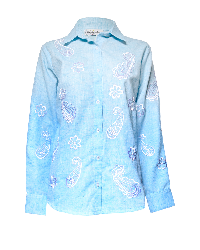 Embroidered Blue Linen Set