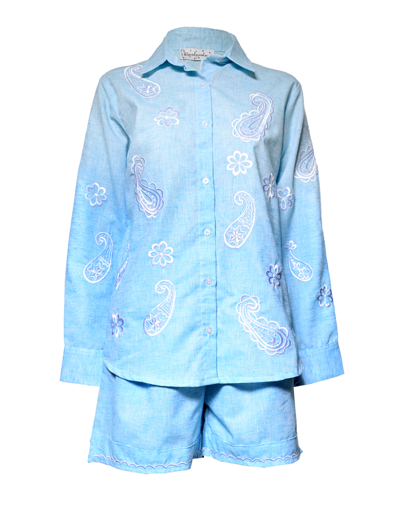 Embroidered Blue Linen Set