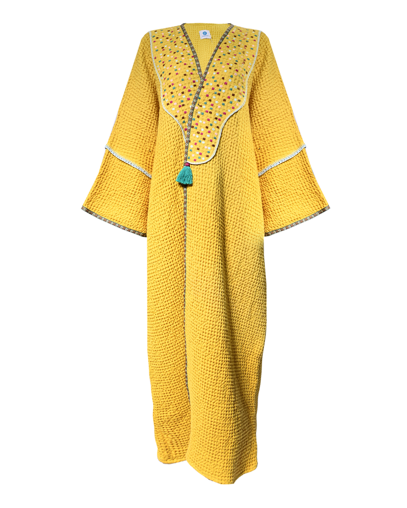 Embroidered Linen Yellow Abaya