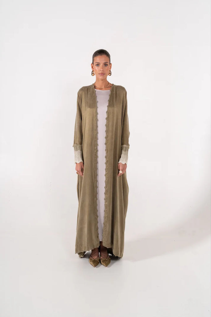 Kaspia Olive Abaya in Washed Silk
