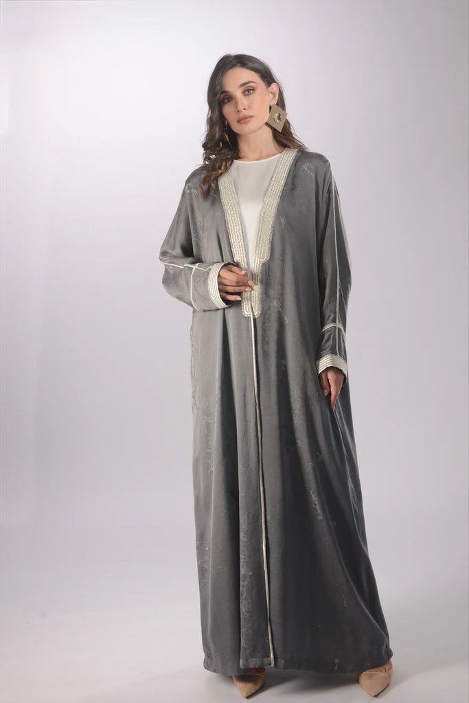 Lyra Grey Silk Jacquard Abaya
