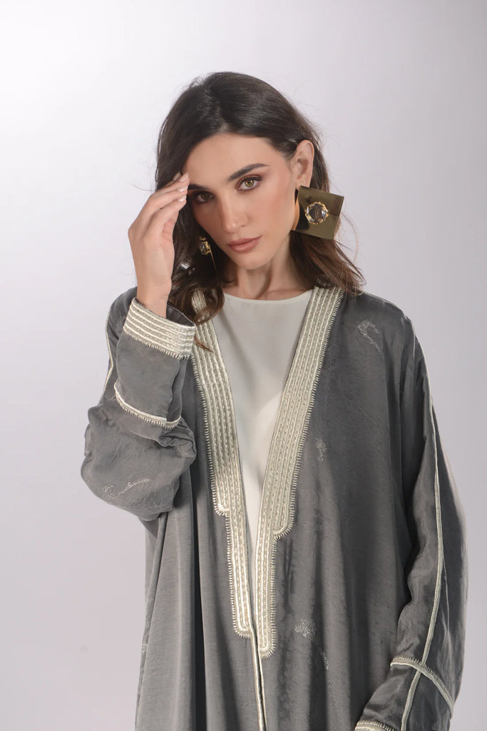 Lyra Grey Silk Jacquard Abaya