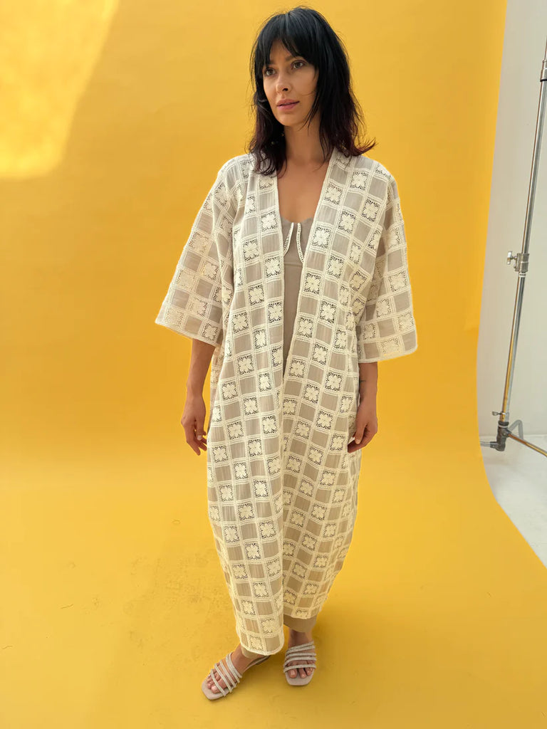 Linen Crochet Abaya Set with Grey Inner Dress
