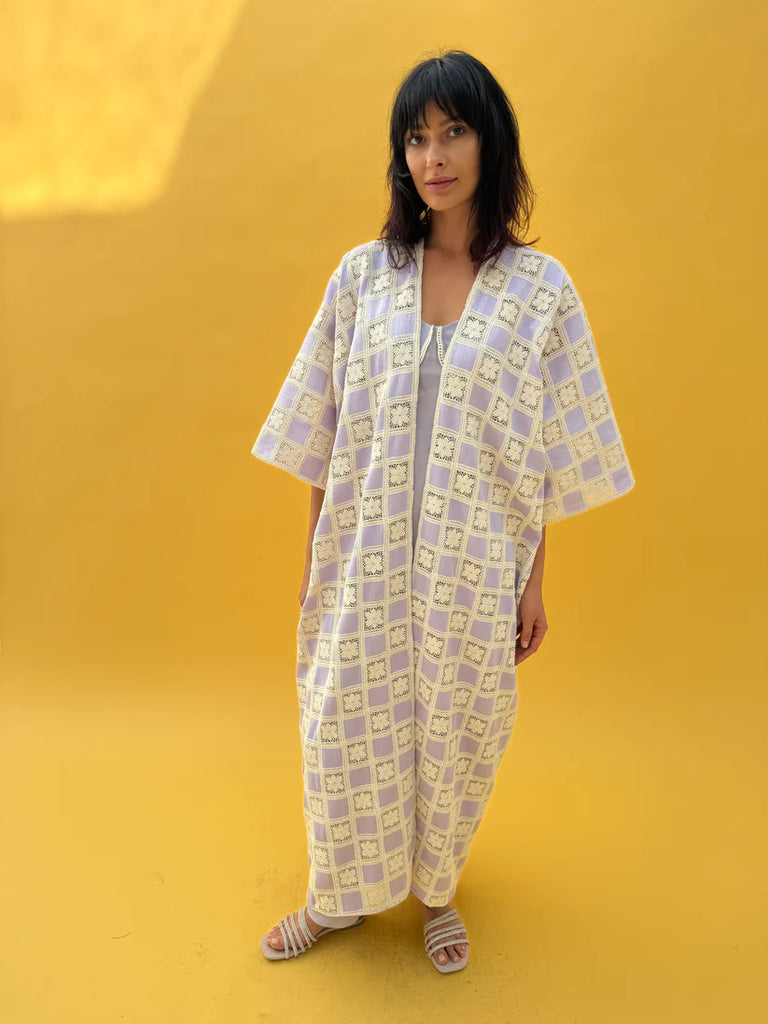 Linen Crochet Abaya Set with Lavender Inner Dress