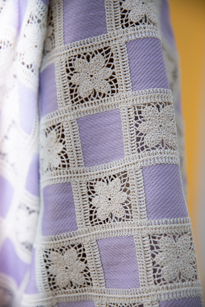 Linen Crochet Abaya Set with Lavender Inner Dress