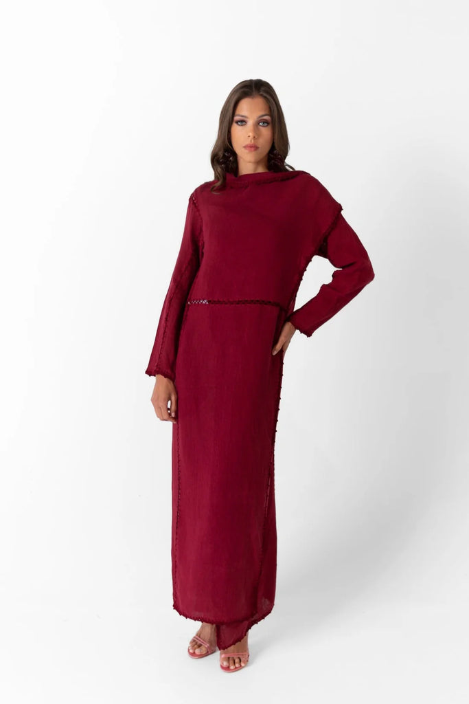 Basma Burgundy Linen Abaya