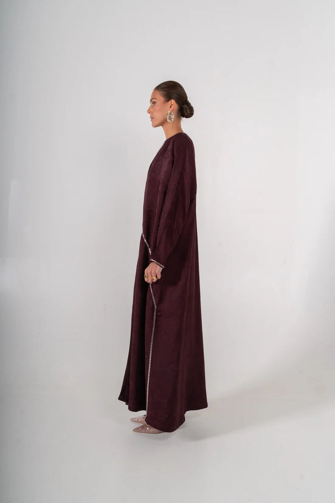 Yuan Burgundy Silk Jacquard Abaya