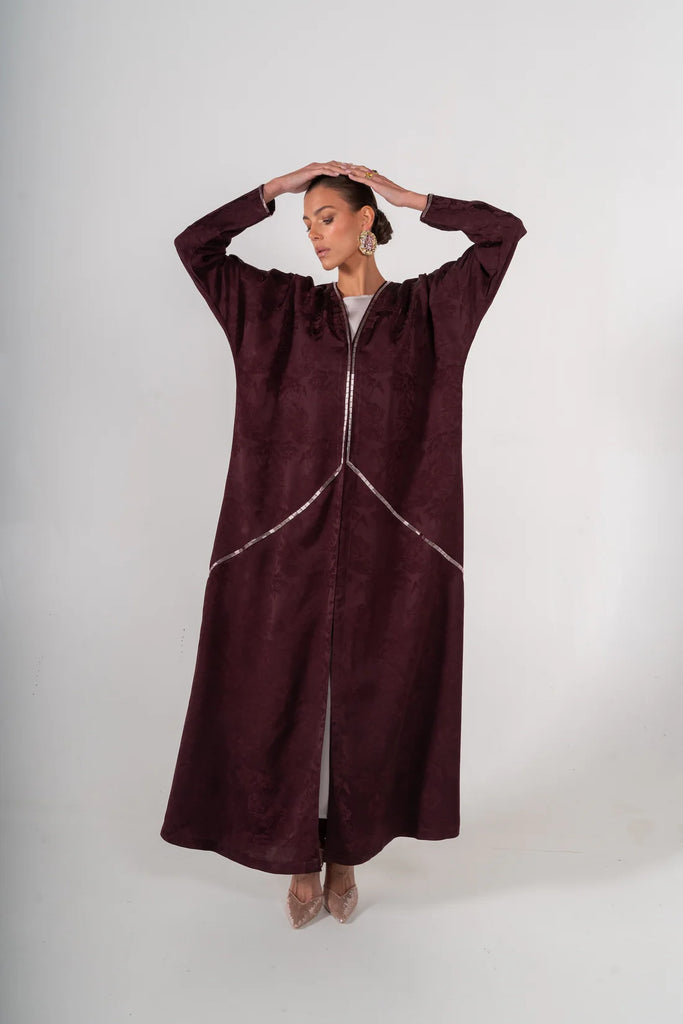 Yuan Burgundy Silk Jacquard Abaya
