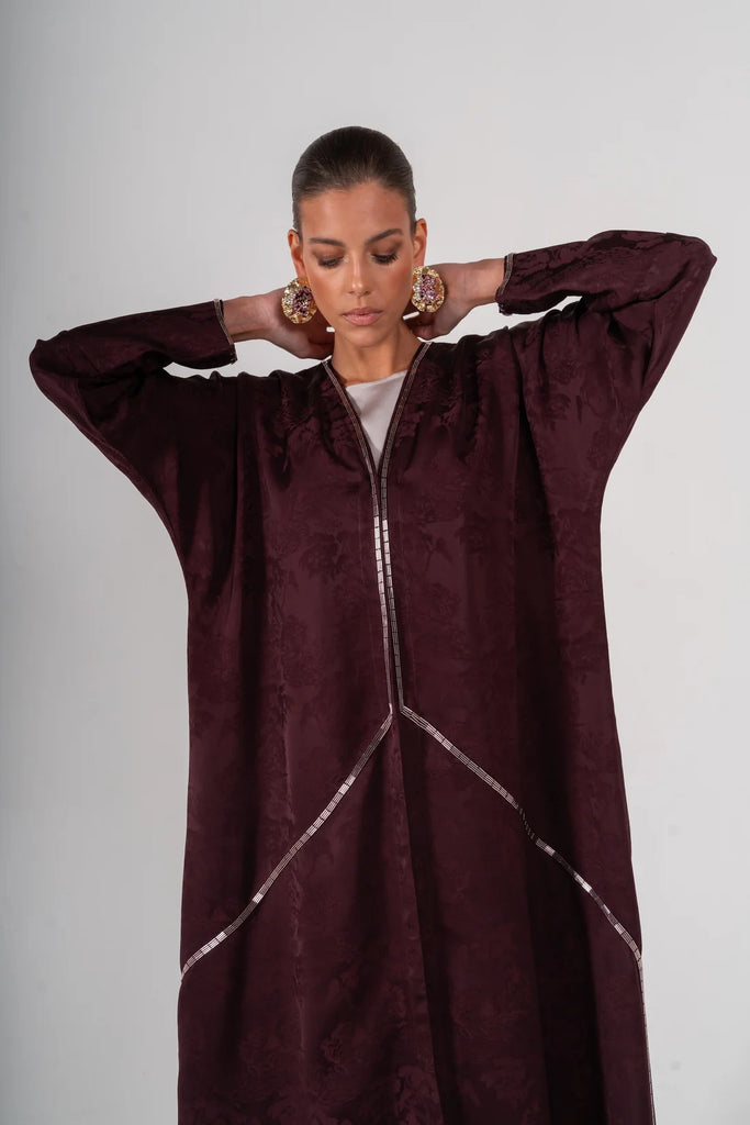Yuan Burgundy Silk Jacquard Abaya