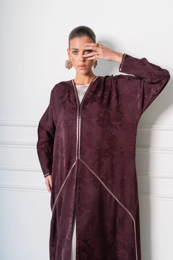 Yuan Burgundy Silk Jacquard Abaya