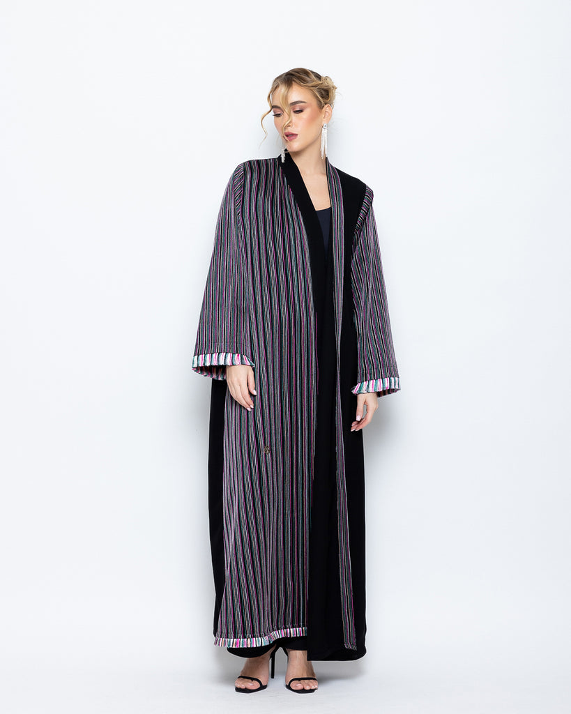 Embroidered Striped Tassels Abaya