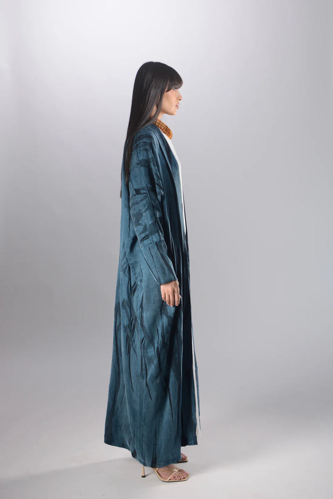 Opera Petroleum Green Abaya in Jacquard Washed Silk