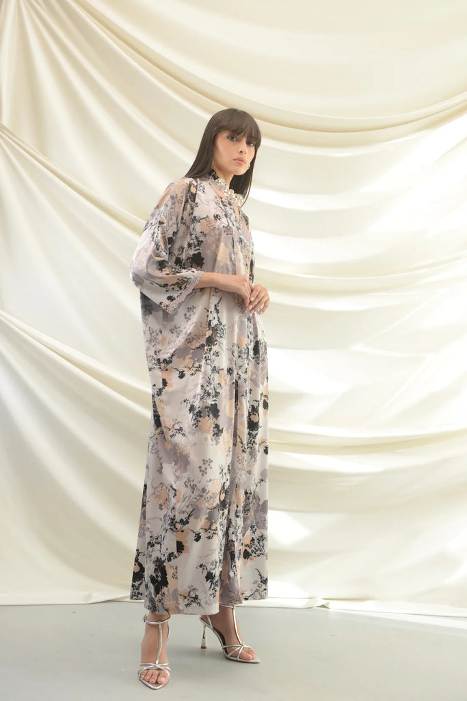 Capri Floral Grey Silk Dress