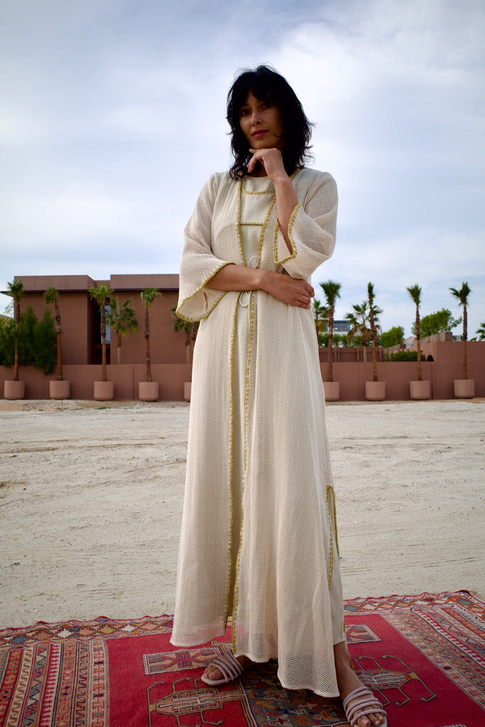 knit abaya dress Linen Beige Knitted Set with Inner Hijab style