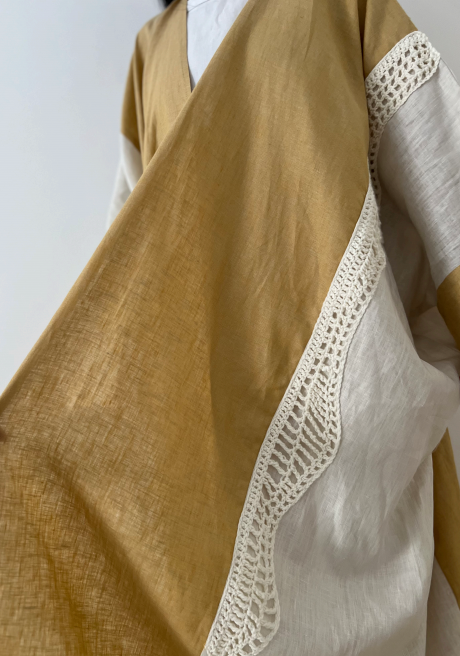 Mustard & Off-White Butterfly Linen Kimono Abaya