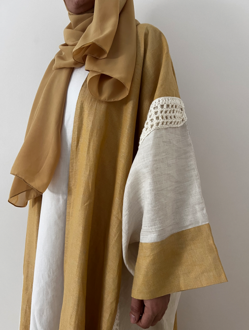 Mustard & Off-White Butterfly Linen Kimono Abaya