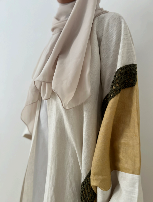 Mustard & Off-White Butterfly Linen Kimono Abaya