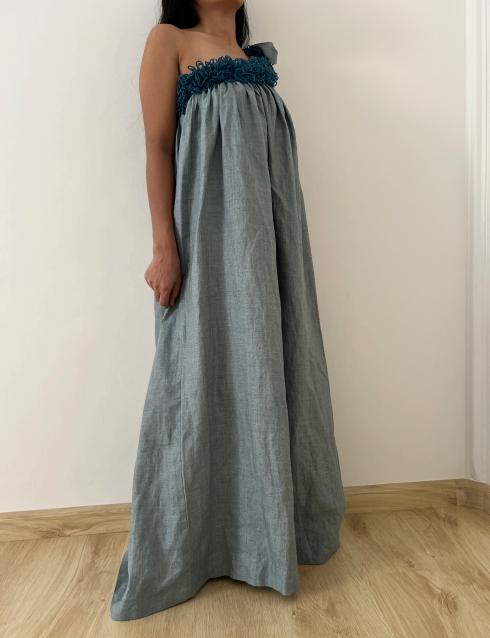 One-Shoulder Linen Blue Dress