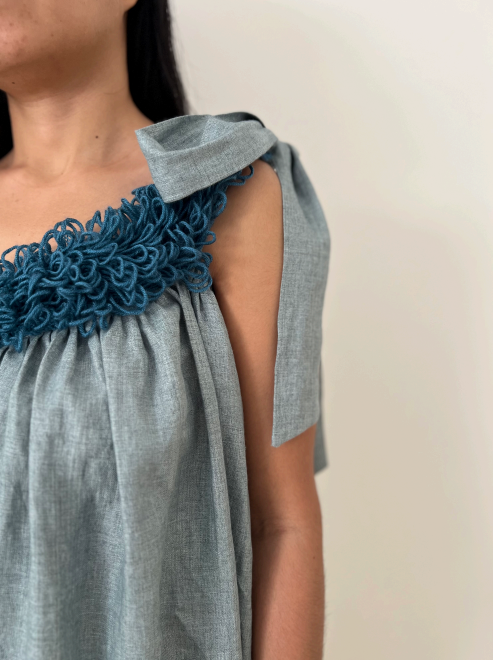 One-Shoulder Linen Blue Dress