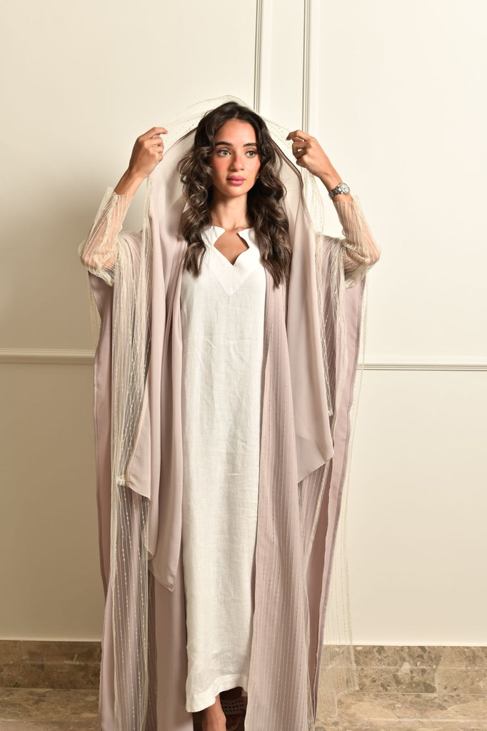 Beige Tulle Embroidered Abaya