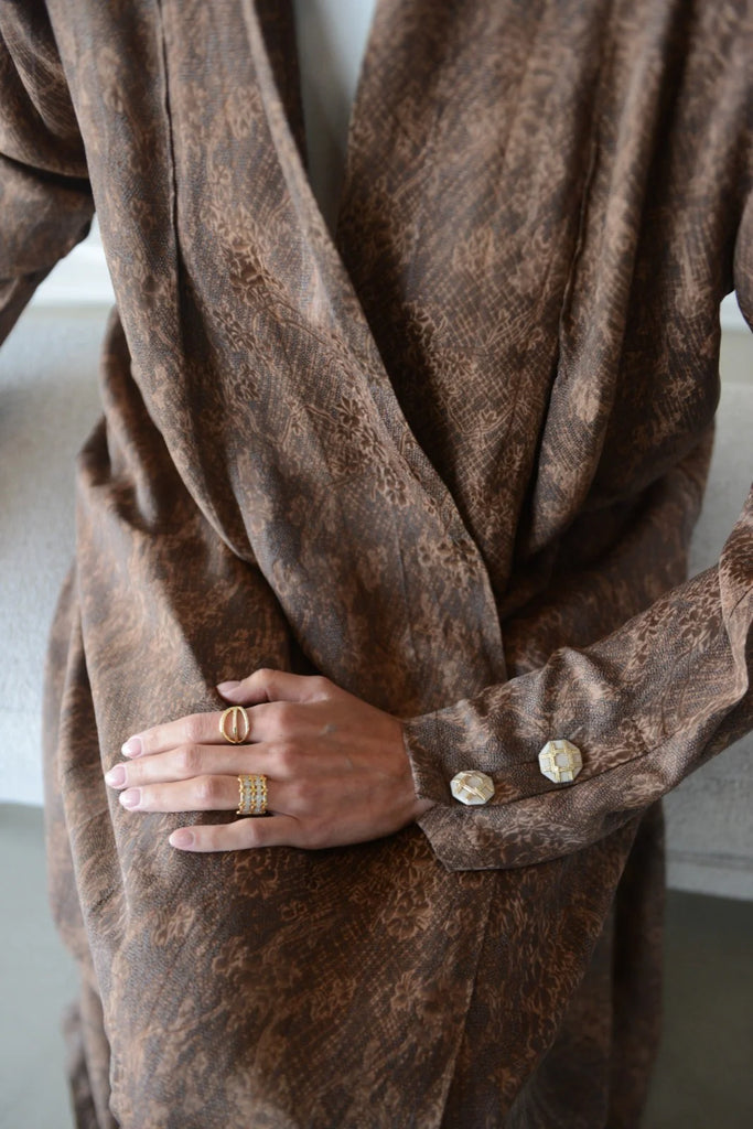 Vendome Brown Silk Jacquard Abaya