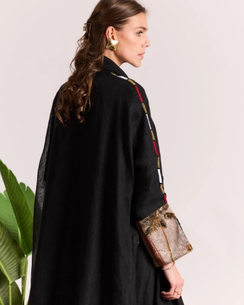 Black Linen Embroidered Abaya