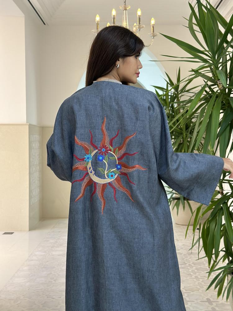 Grey Linen Embroidered Abaya