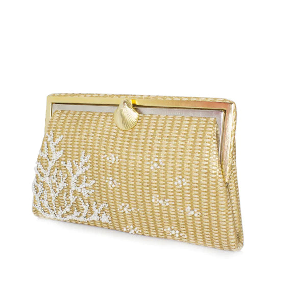 Coral Gold Straw Grace Clutch