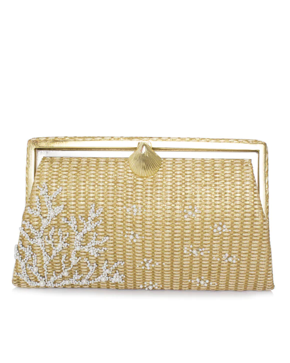 Coral Gold Straw Grace Clutch