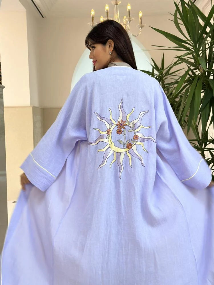 Purple Linen Embroidered Abaya