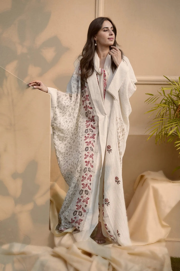 Beige Embroidered Coverup Abaya Set