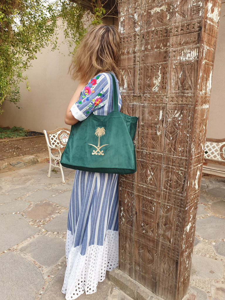 Green Velvet Saudi Emblem Tote Bag