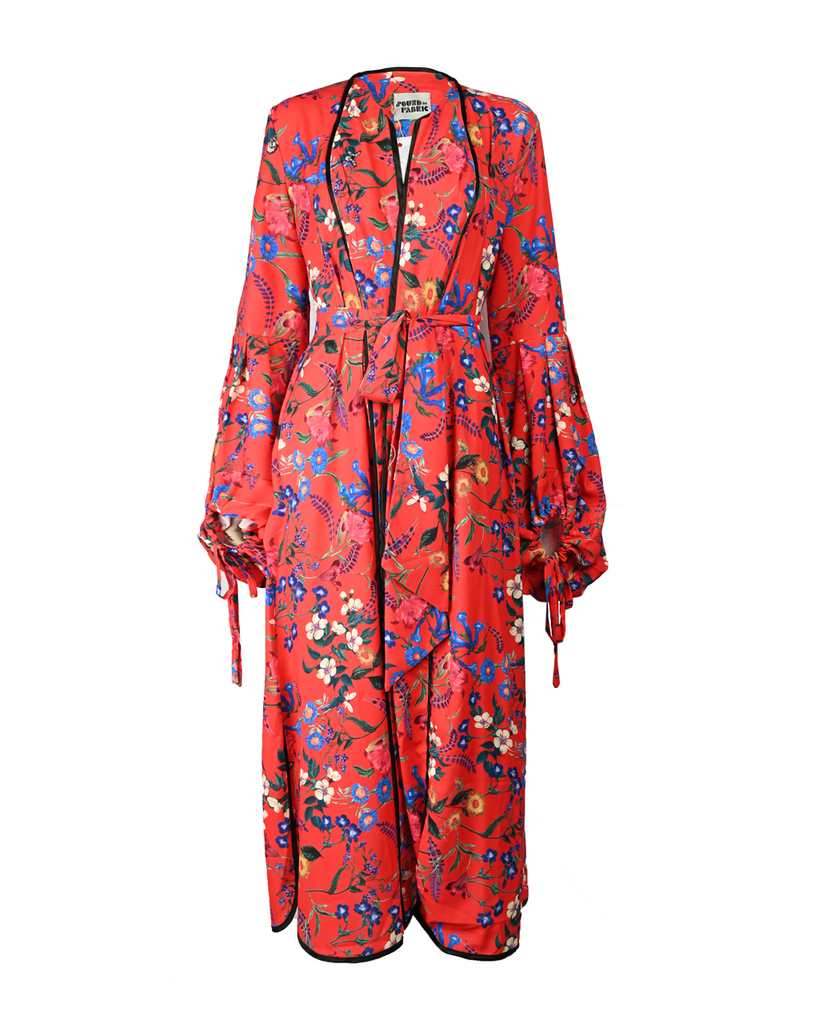 Red Flower Long Kimono Cover-up