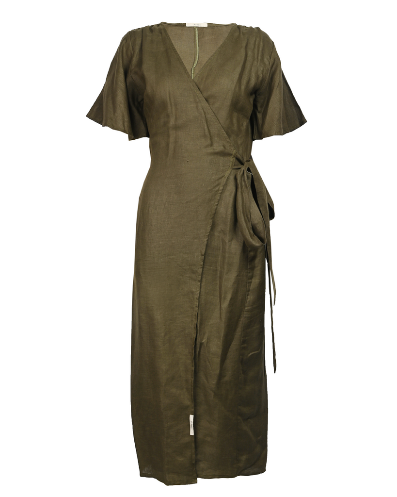 Olive Short-Sleeves Wrap Dress